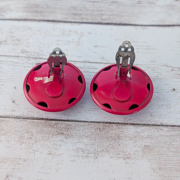 Vintage Clip On Earrings 1 & 1/8" Large Domed Circular Red Retro Statement - Picture 5 of 5